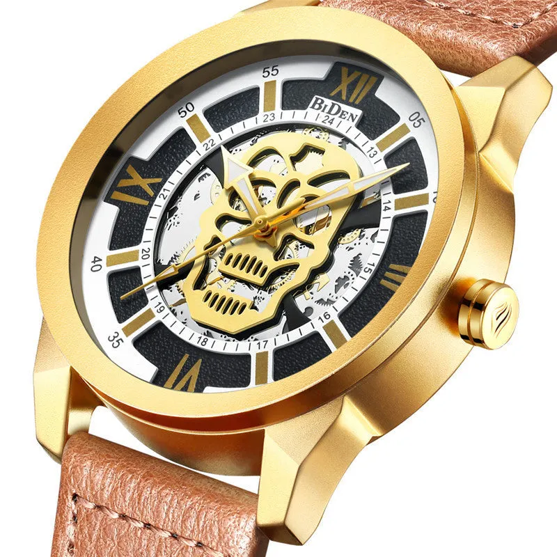 Biden men's hollow quartz watch with brown strap showing calendar function and 4.3cm case