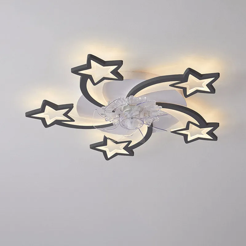 Modern white ceiling fan light with six-blade design and integrated light fitting on a room ceiling.