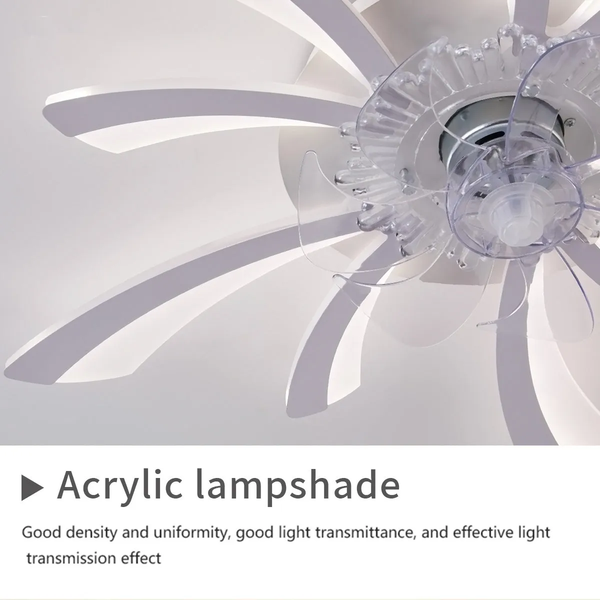 Modern white ceiling fan light with six-blade design and integrated light fitting on a room ceiling.