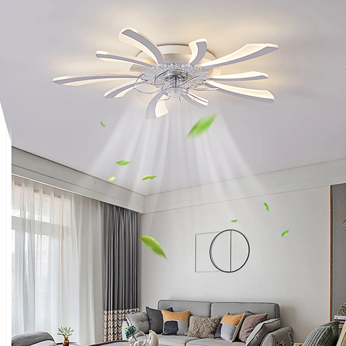 Modern white ceiling fan light with six-blade design and integrated light fitting on a room ceiling.