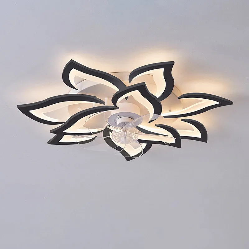 Modern white ceiling fan light with six-blade design and integrated light fitting on a room ceiling.