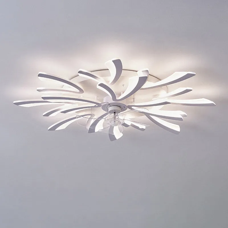 Modern white ceiling fan light with six-blade design and integrated light fitting on a room ceiling.