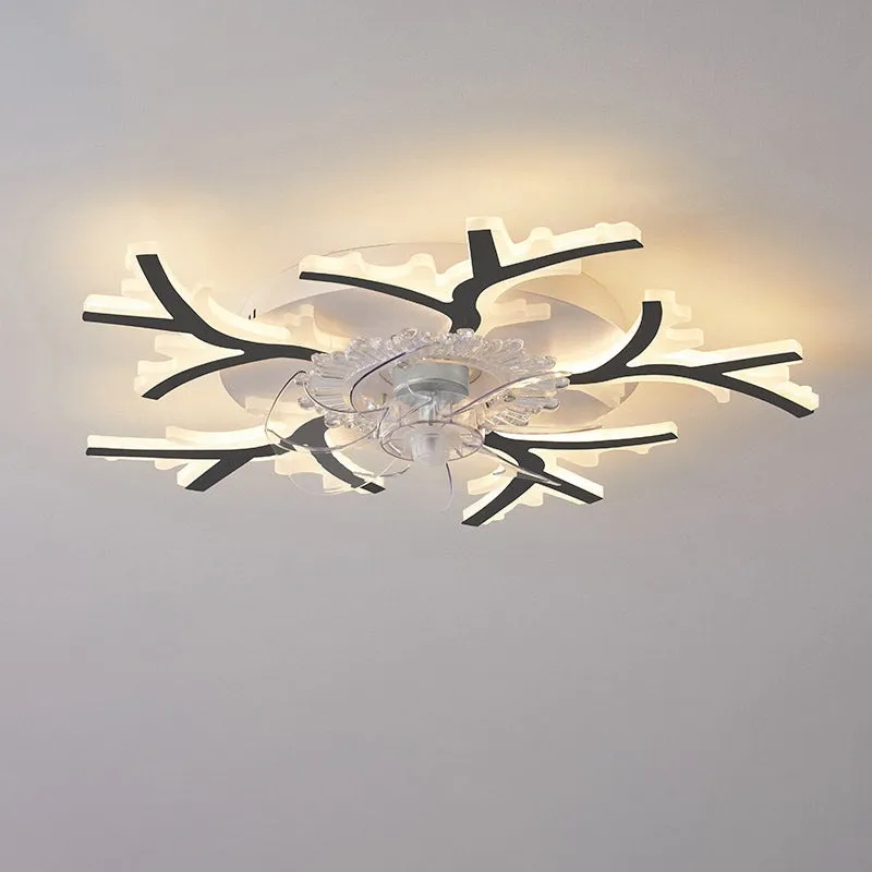 Modern white ceiling fan light with six-blade design and integrated light fitting on a room ceiling.
