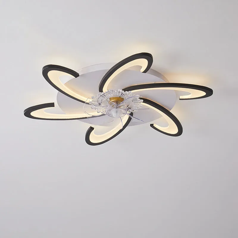 Modern white ceiling fan light with six-blade design and integrated light fitting on a room ceiling.