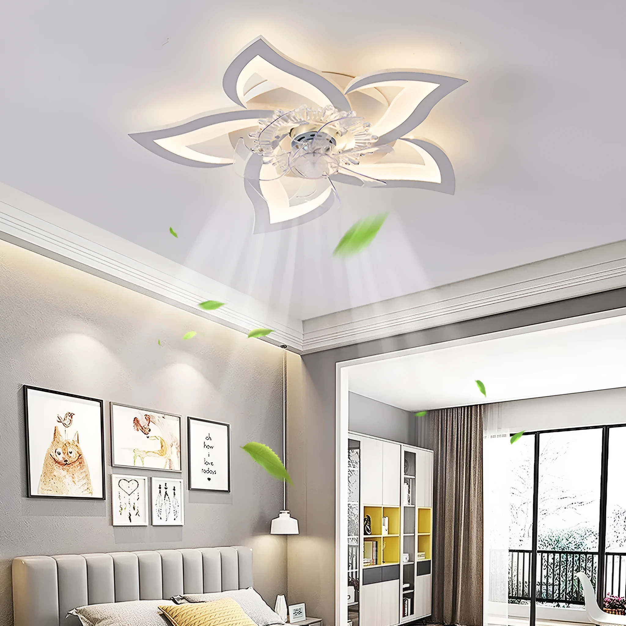 Modern white ceiling fan light with six-blade design and integrated light fitting on a room ceiling.