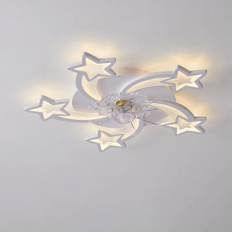 Modern white ceiling fan light with six-blade design and integrated light fitting on a room ceiling.