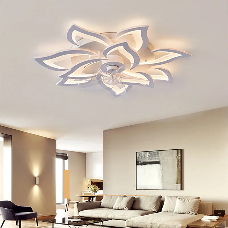 Modern white ceiling fan light with six-blade design and integrated light fitting on a room ceiling.