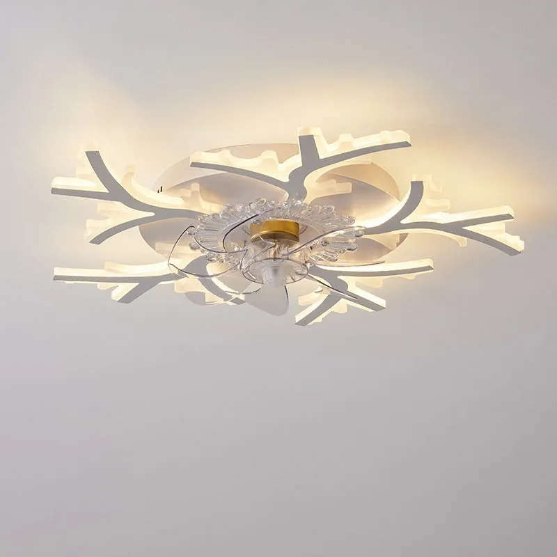 Modern white ceiling fan light with six-blade design and integrated light fitting on a room ceiling.
