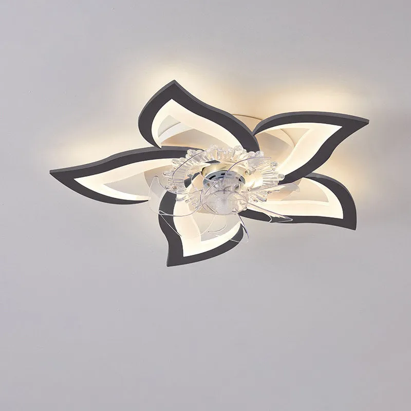 Modern white ceiling fan light with six-blade design and integrated light fitting on a room ceiling.