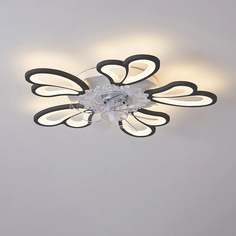 Modern white ceiling fan light with six-blade design and integrated light fitting on a room ceiling.