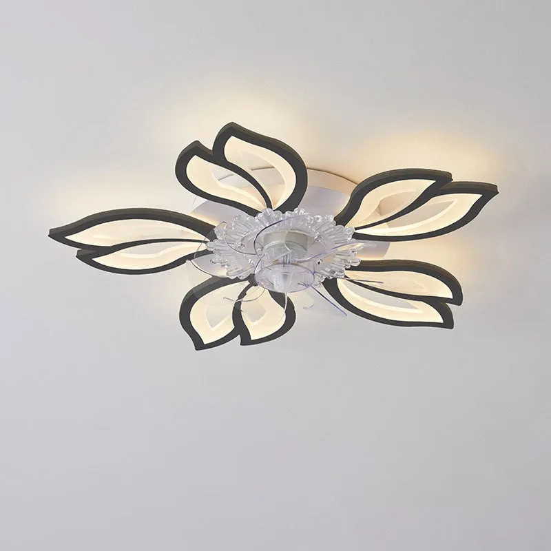 Modern white ceiling fan light with six-blade design and integrated light fitting on a room ceiling.