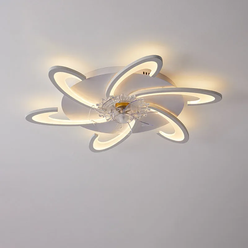 Modern white ceiling fan light with six-blade design and integrated light fitting on a room ceiling.