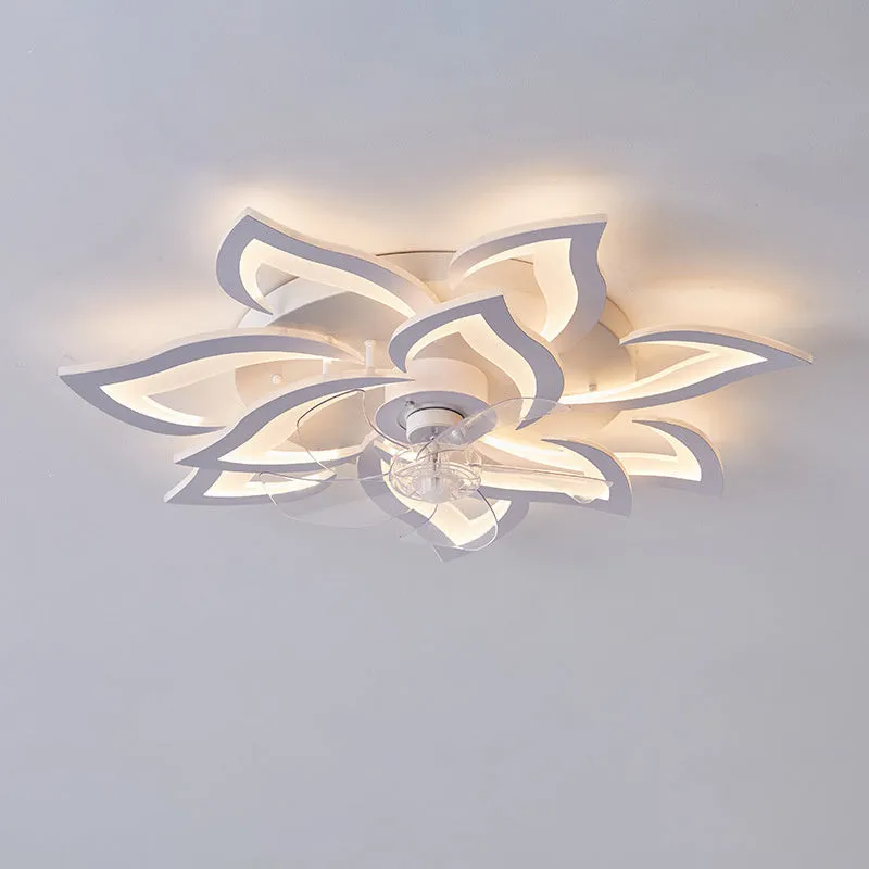 Modern white ceiling fan light with six-blade design and integrated light fitting on a room ceiling.