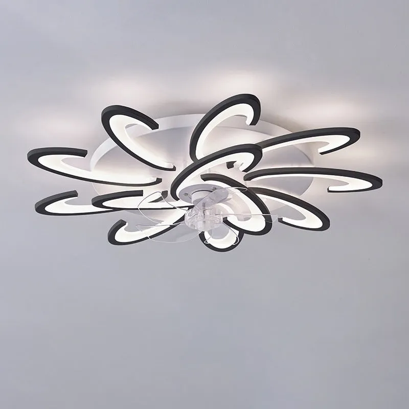 Modern white ceiling fan light with six-blade design and integrated light fitting on a room ceiling.