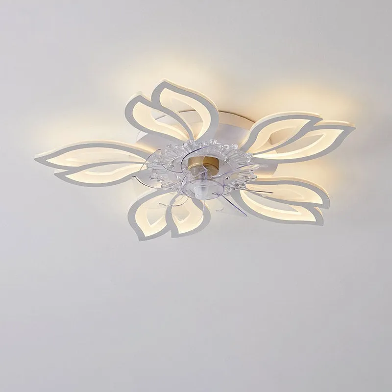 Modern white ceiling fan light with six-blade design and integrated light fitting on a room ceiling.