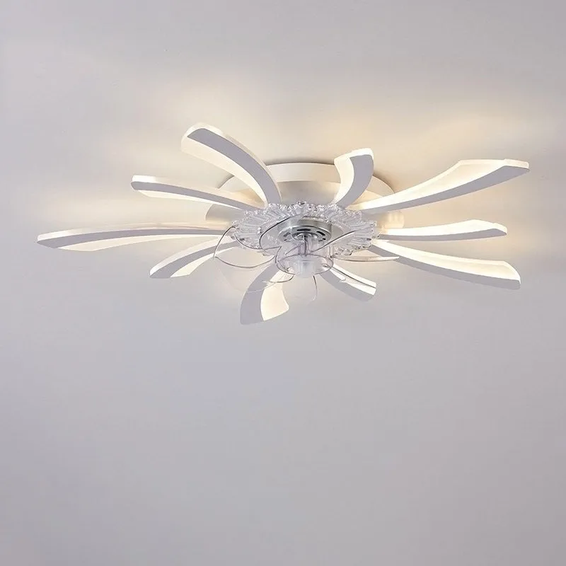 Modern white ceiling fan light with six-blade design and integrated light fitting on a room ceiling.