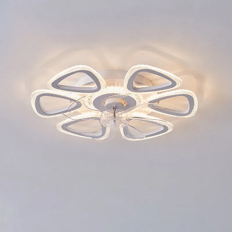 Modern white ceiling fan light with six-blade design and integrated light fitting on a room ceiling.