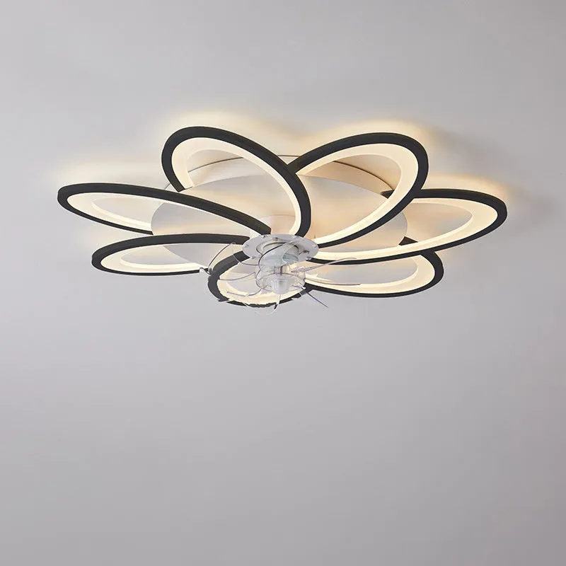 Modern white ceiling fan light with six-blade design and integrated light fitting on a room ceiling.