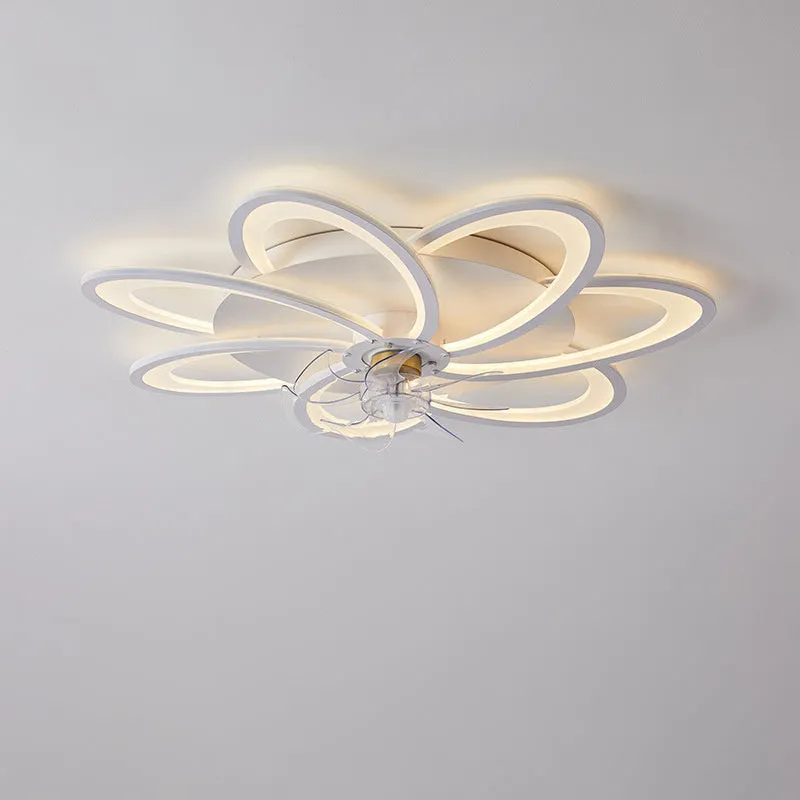 Modern white ceiling fan light with six-blade design and integrated light fitting on a room ceiling.