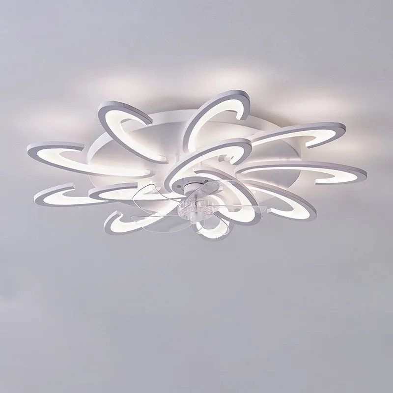 Modern white ceiling fan light with six-blade design and integrated light fitting on a room ceiling.