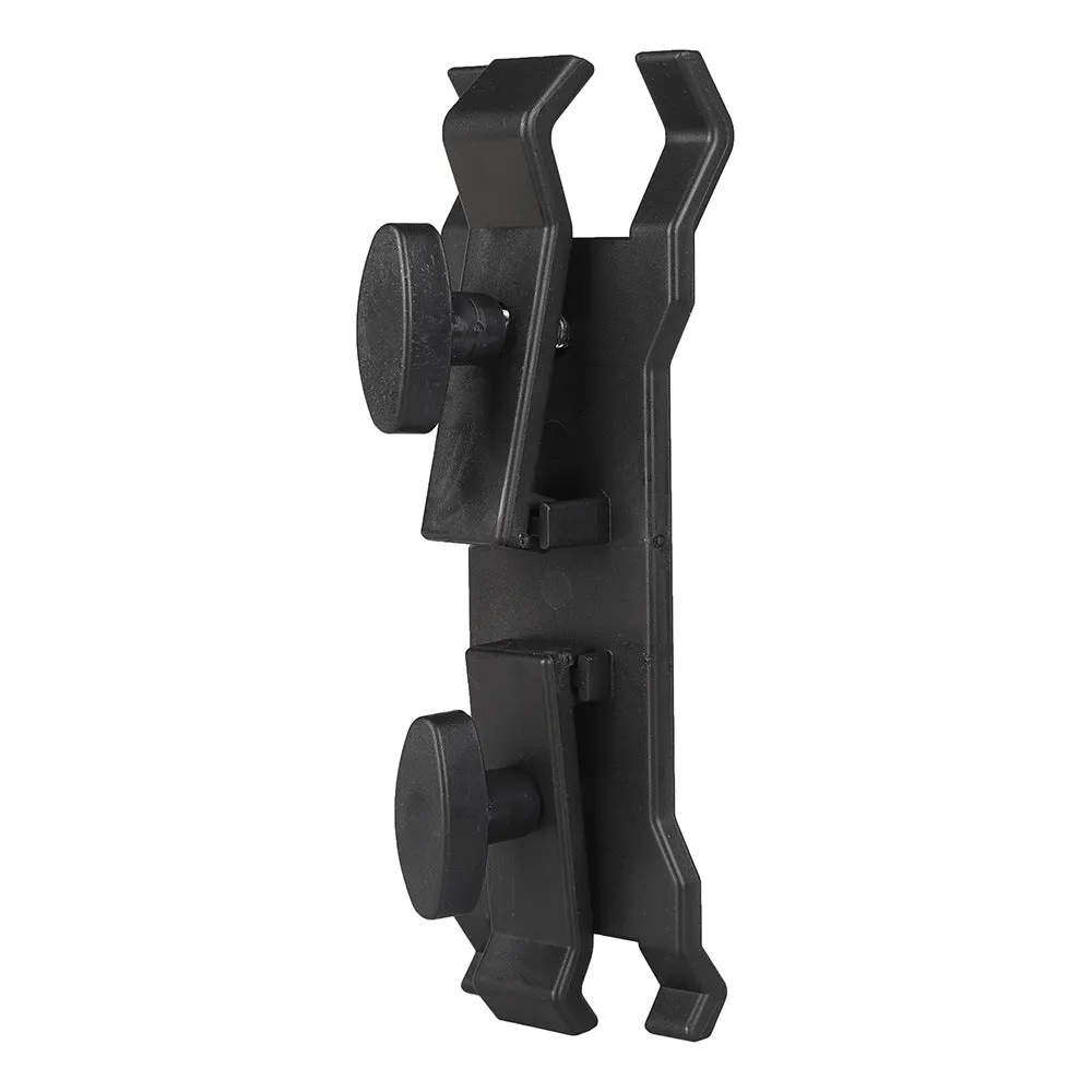 Black ABS plastic umbrella clip for attaching an iPhone to a tripod and umbrella pole.