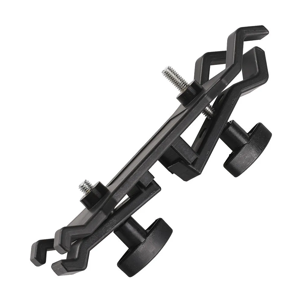 Black ABS plastic umbrella clip for attaching an iPhone to a tripod and umbrella pole.