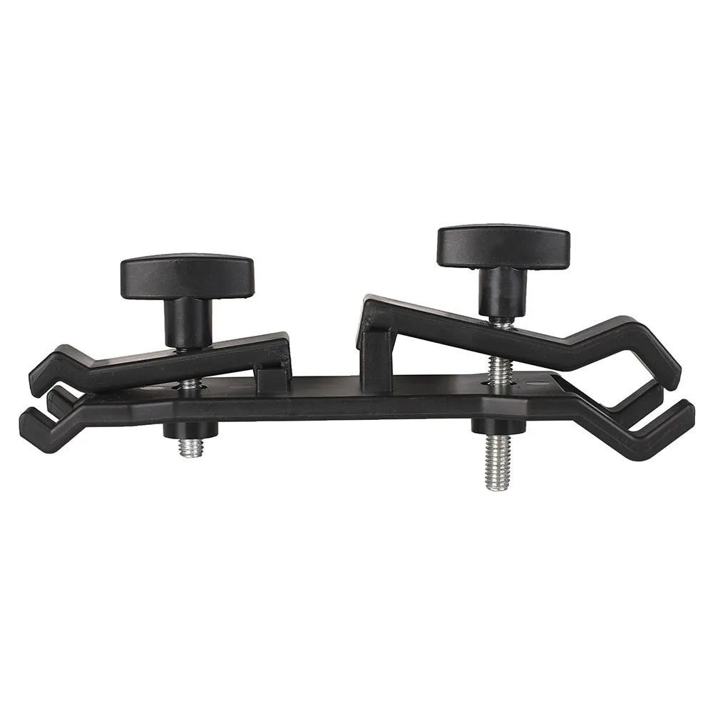 Black ABS plastic umbrella clip for attaching an iPhone to a tripod and umbrella pole.