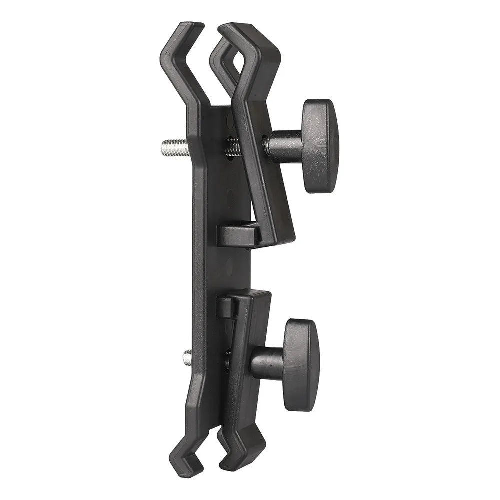 Black ABS plastic umbrella clip for attaching an iPhone to a tripod and umbrella pole.
