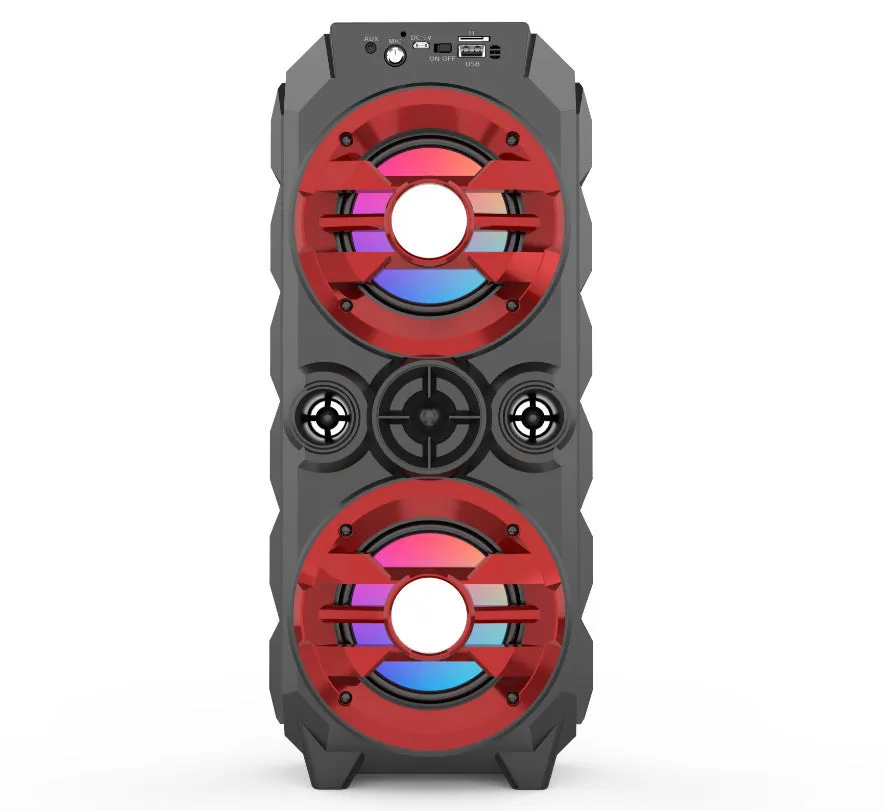 Portable Bluetooth speaker with colour lights and pull rod handle in blue, red, or silver grey options
