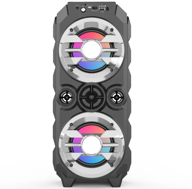Portable Bluetooth speaker with colour lights and pull rod handle in blue, red, or silver grey options