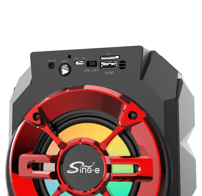 Portable Bluetooth speaker with colour lights and pull rod handle in blue, red, or silver grey options