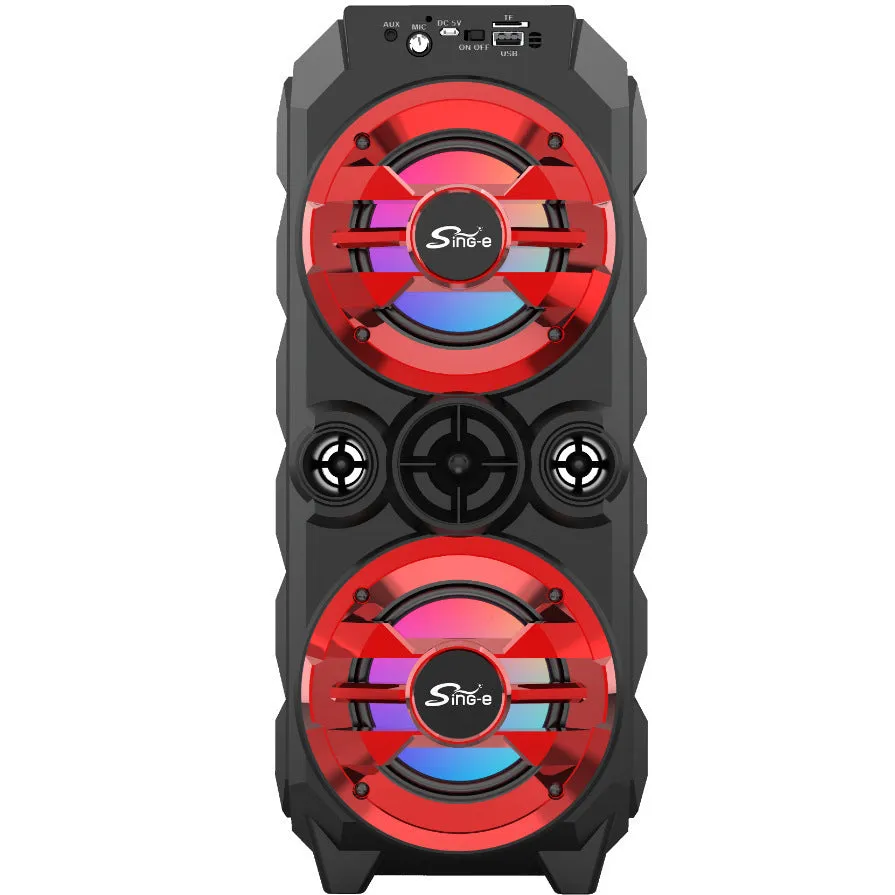 Portable Bluetooth speaker with colour lights and pull rod handle in blue, red, or silver grey options