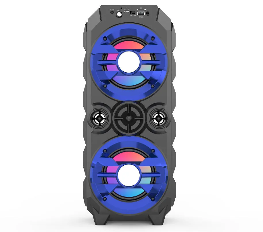 Portable Bluetooth speaker with colour lights and pull rod handle in blue, red, or silver grey options