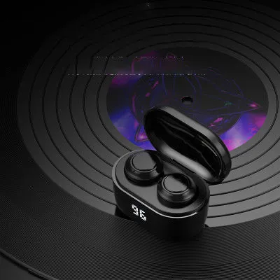 Black wireless stereo Bluetooth headset with earplug design shown with NFC symbol.