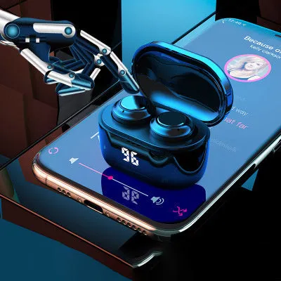 Black wireless stereo Bluetooth headset with earplug design shown with NFC symbol.