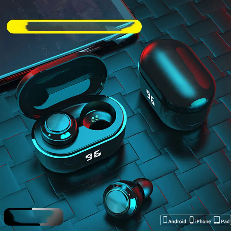 Black wireless stereo Bluetooth headset with earplug design shown with NFC symbol.