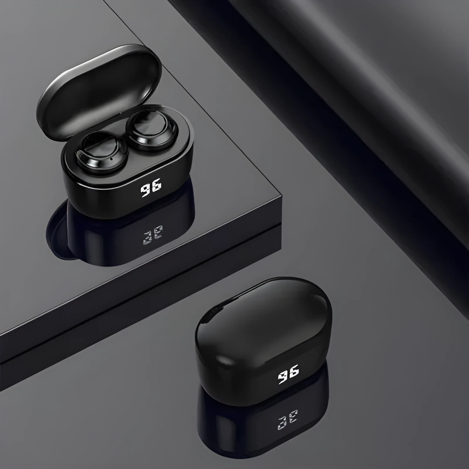 Black wireless stereo Bluetooth headset with earplug design shown with NFC symbol.