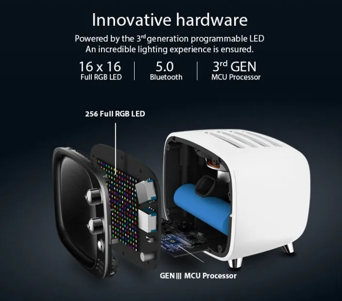 Portable Bluetooth speaker and alarm clock unit in one of six colour options: black, blue, green, pink, red, or white.