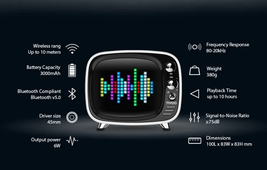 Portable Bluetooth speaker and alarm clock unit in one of six colour options: black, blue, green, pink, red, or white.