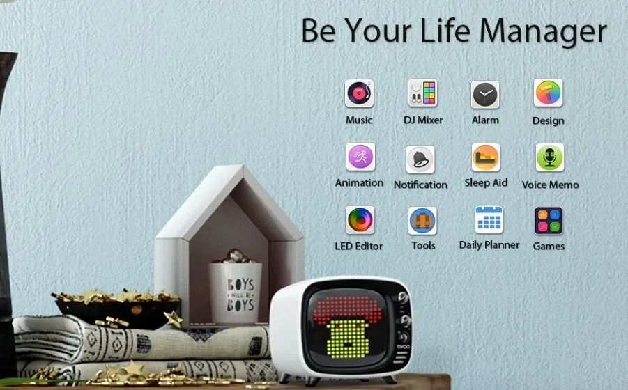 Portable Bluetooth speaker and alarm clock unit in one of six colour options: black, blue, green, pink, red, or white.