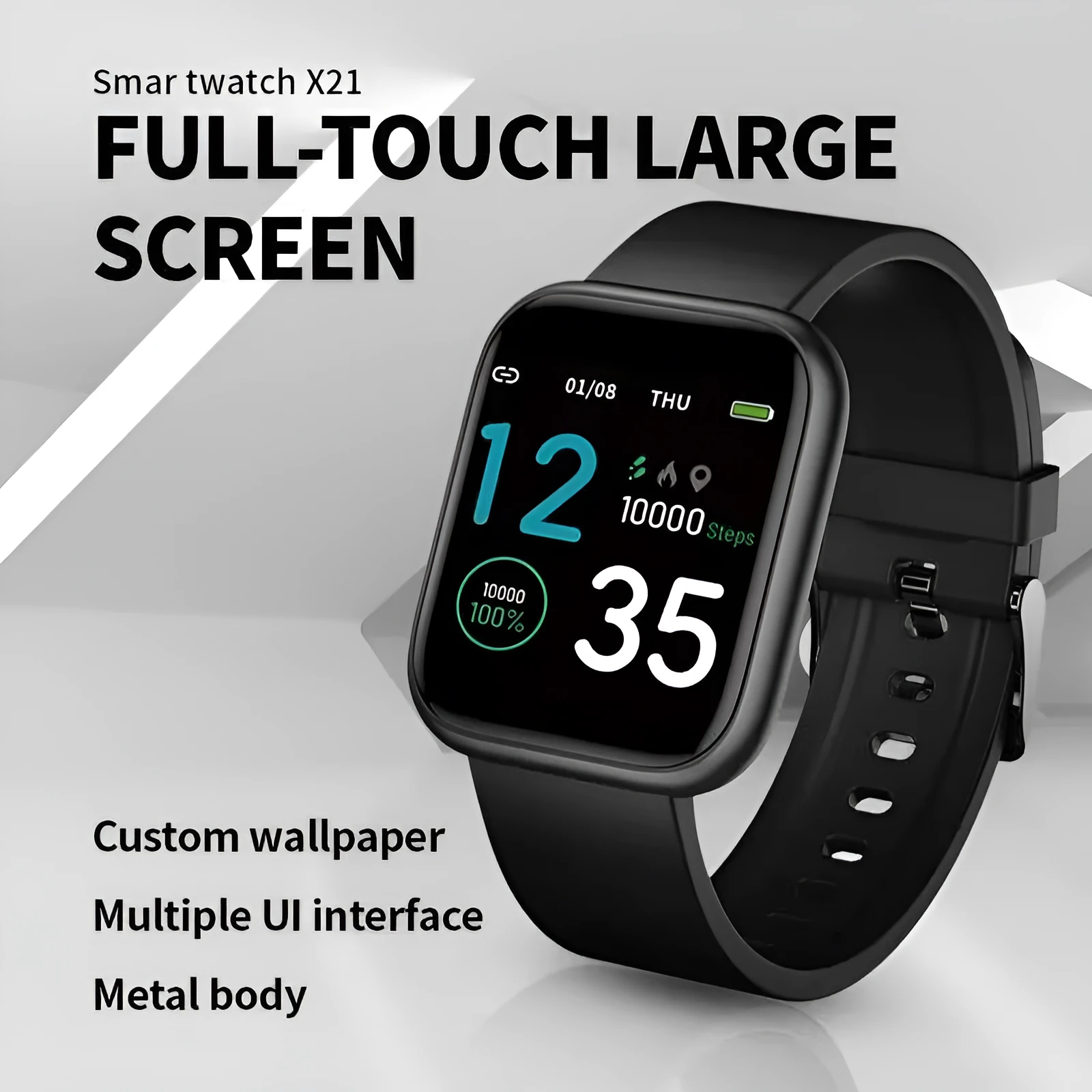 Smart watch with colour touch screen displaying health metrics, shown with a black Huami watchband.