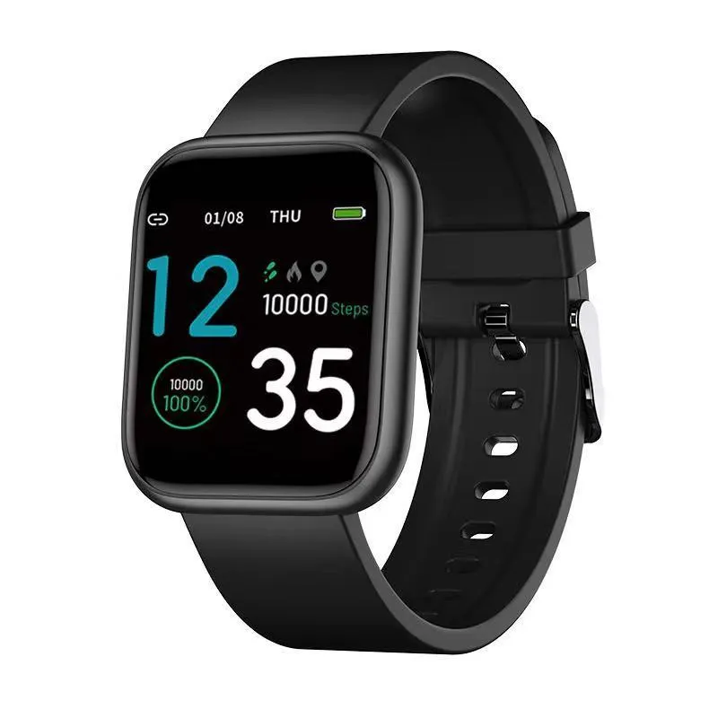 Smart watch with colour touch screen displaying health metrics, shown with a black Huami watchband.