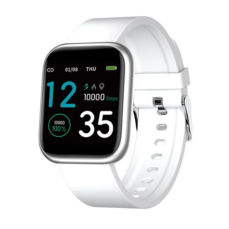 Smart watch with colour touch screen displaying health metrics, shown with a black Huami watchband.