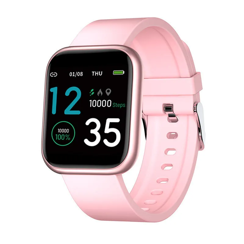 Smart watch with colour touch screen displaying health metrics, shown with a black Huami watchband.