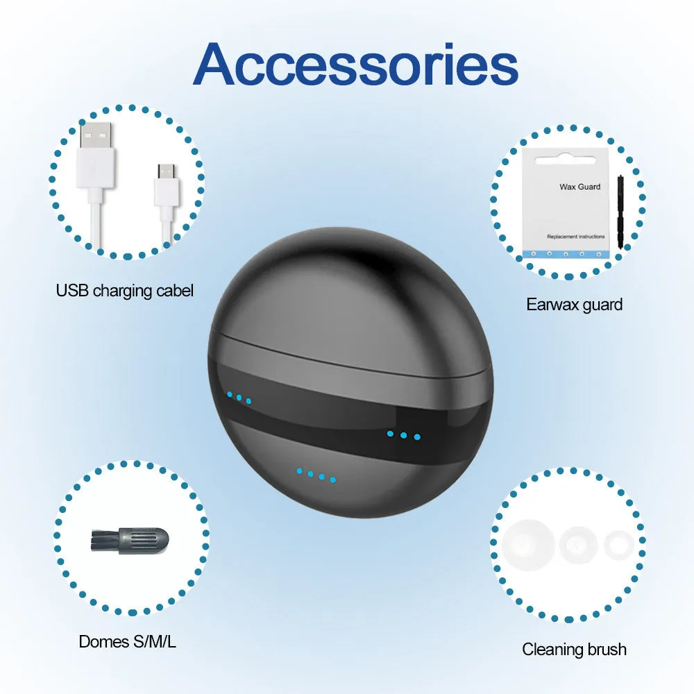 C700 digital in-ear hearing aid in red and blue with charging case and earplug accessories.