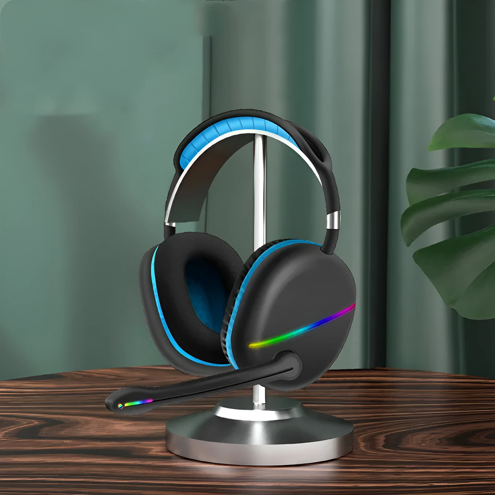Blue wireless Bluetooth gaming headset with illuminated RGB lights on the ear cups.