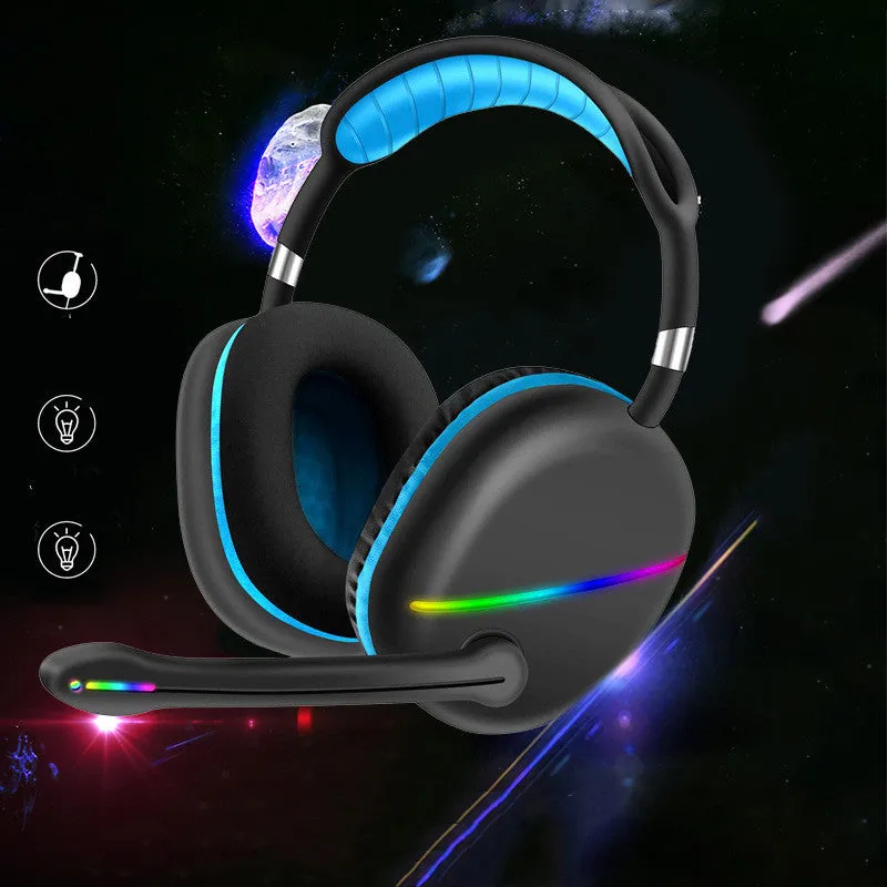 Blue wireless Bluetooth gaming headset with illuminated RGB lights on the ear cups.