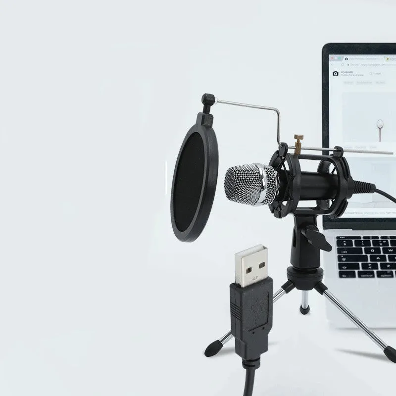 Black mini condenser microphone with aluminium stand for mobile phone and computer live broadcasting
