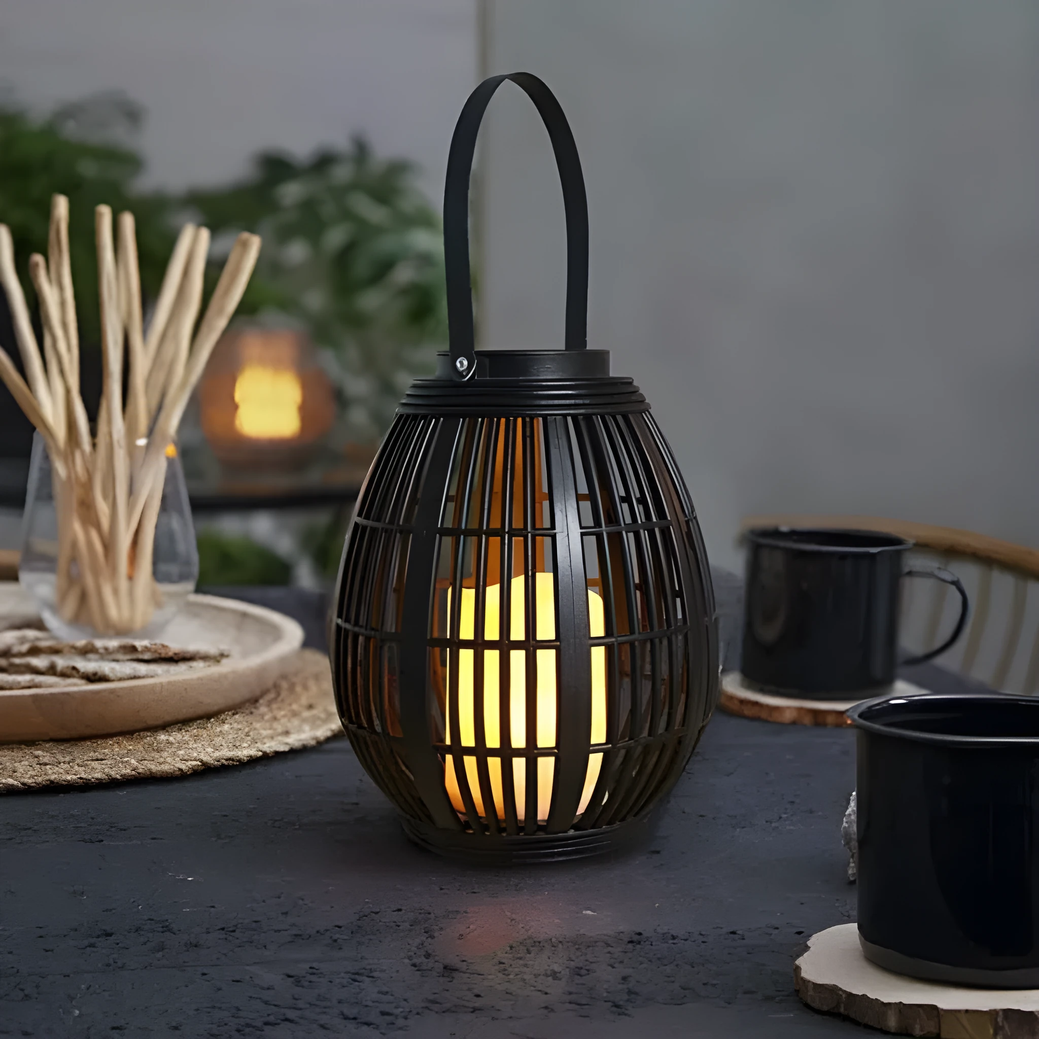 Retro oval rattan solar garden light for patio illumination with plastic construction