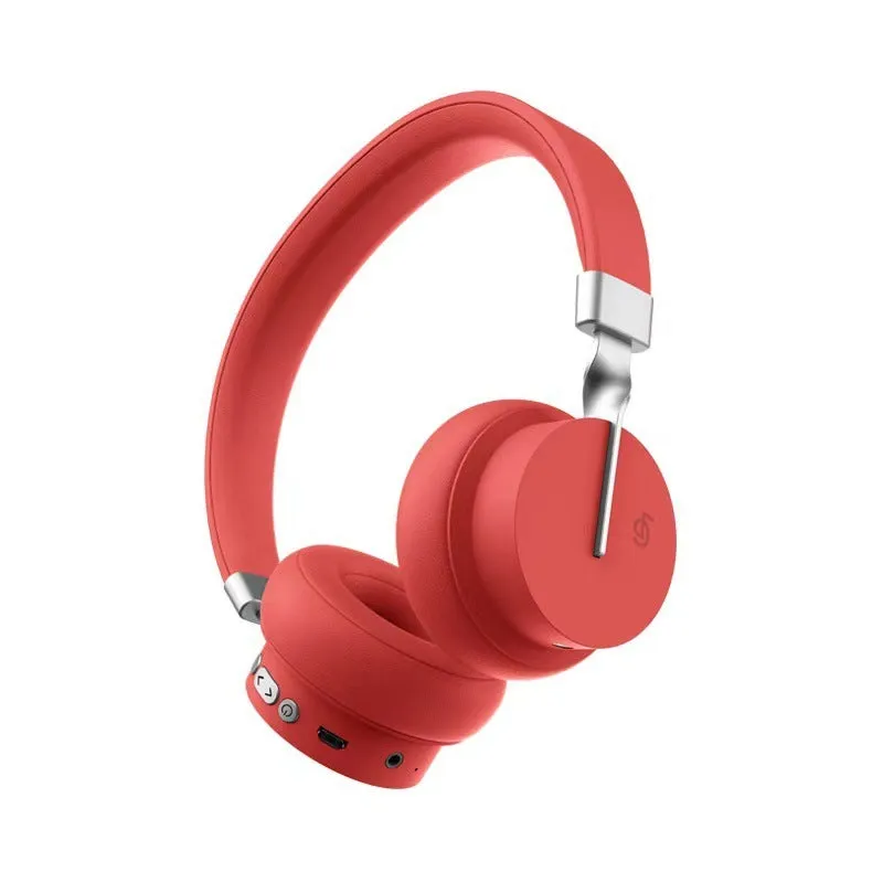 Head-mounted Bluetooth headset shown in solid green, black, red, blue, and white colour options.